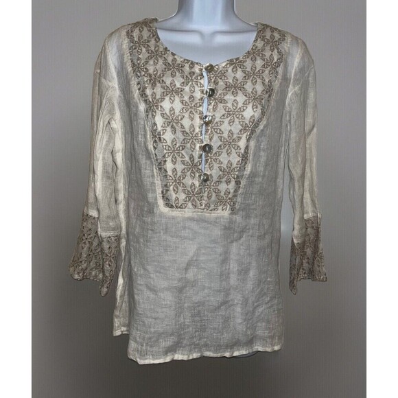 Marilu` Tops - NWT Marilu` (Small) Linen Top Sheer Italy White Embroidered Slit Tunic Button